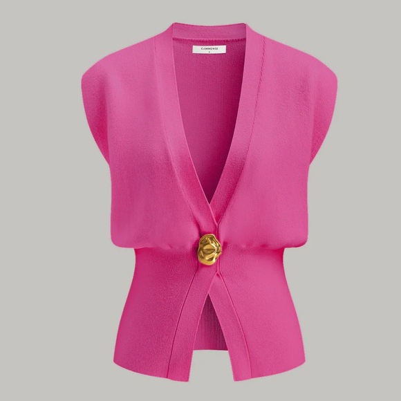 Commense Sweaters - Commense Pink V-Neck Buttoned Detail Sweater Vest
